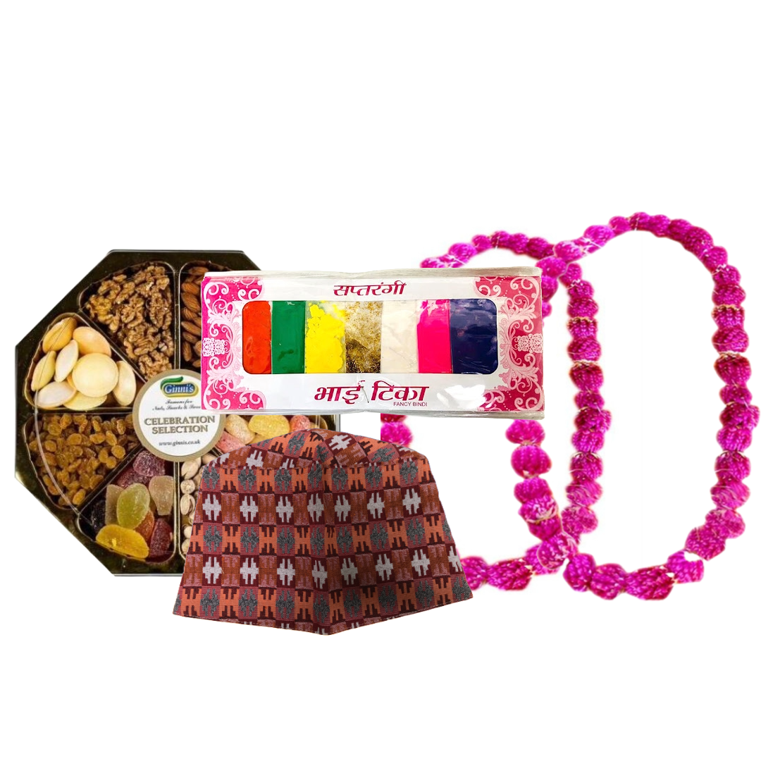 Combo of Makhmali Mala of 2, Bhai Tika, Dhaka Topi And Bhai Masala Big Size (Nuts Ans Dried Fruit)